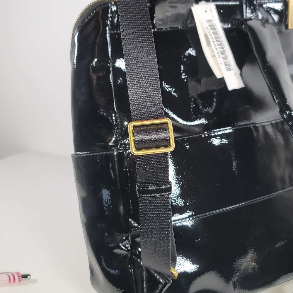 Eric Javits New York Black Patent Leather Backpack Gold Hardware NWT